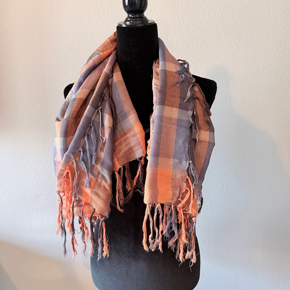 Plaid Fringe Scarf in Orange and Blue